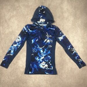 Huk Fishing 1/4 Zip Shirt Womens Extra Small Long Sleeve Hooded Blue Ocean Print